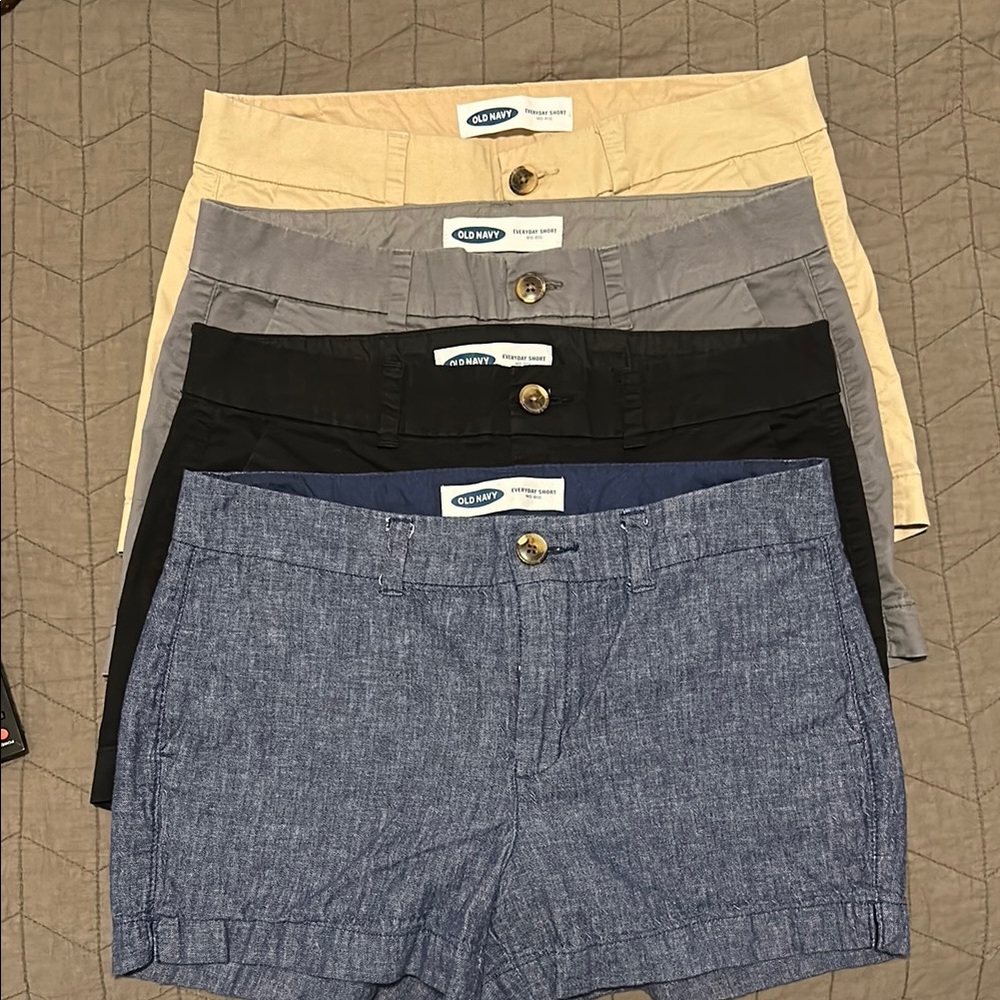 Old Navy Women’s “Everyday Shorts” Mid-Rise 4 pair BUNDLE - Blue,Black,Gray, Tan